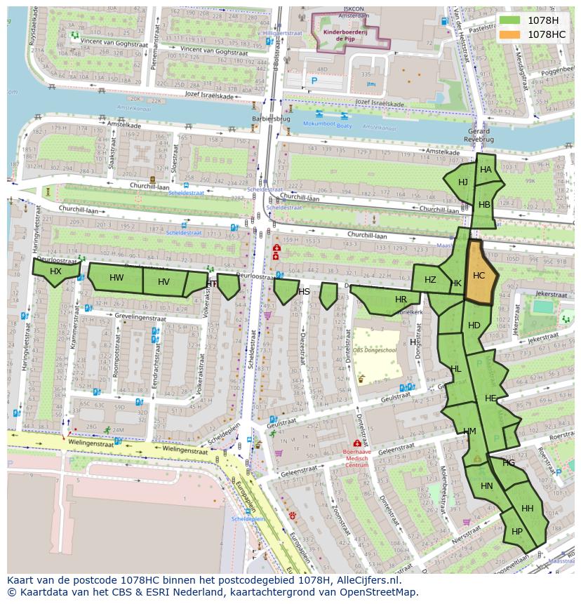 Afbeelding van het postcodegebied 1078 HC op de kaart.