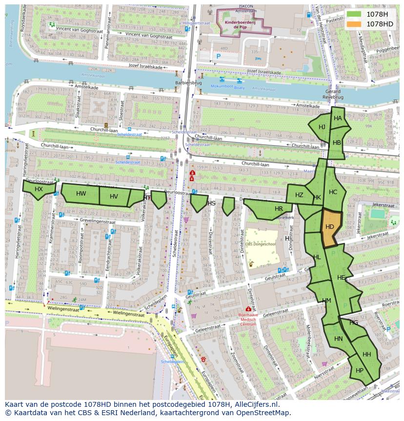 Afbeelding van het postcodegebied 1078 HD op de kaart.