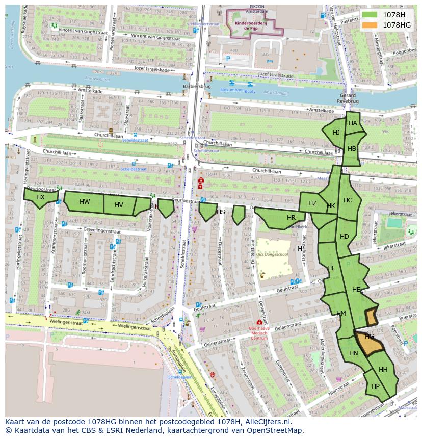 Afbeelding van het postcodegebied 1078 HG op de kaart.