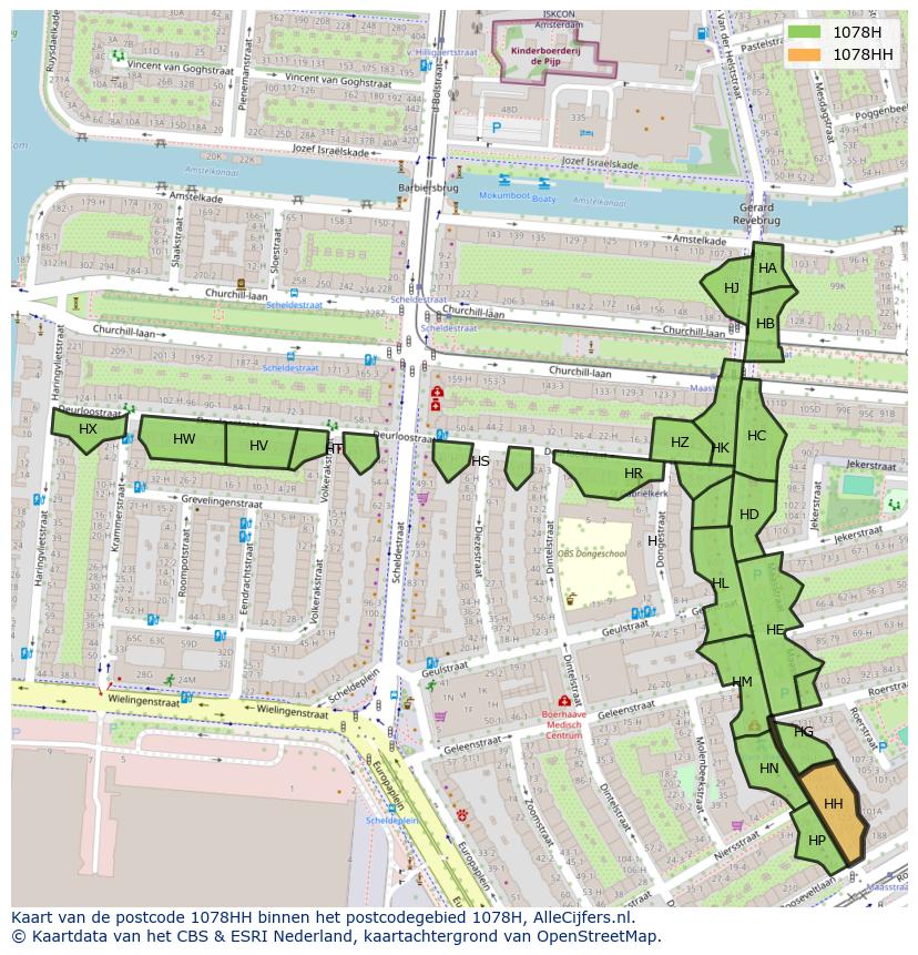 Afbeelding van het postcodegebied 1078 HH op de kaart.
