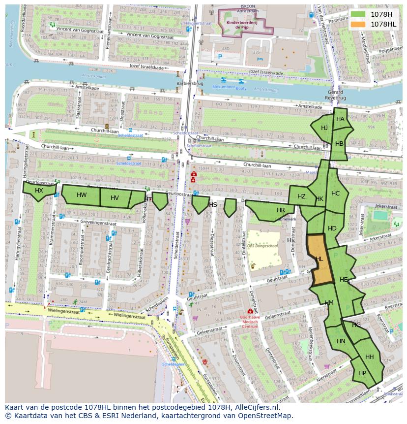 Afbeelding van het postcodegebied 1078 HL op de kaart.
