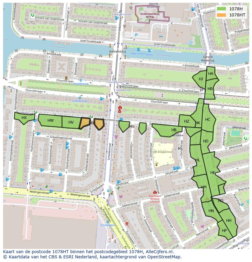 Afbeelding van het postcodegebied 1078 HT op de kaart.