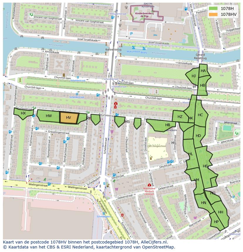 Afbeelding van het postcodegebied 1078 HV op de kaart.