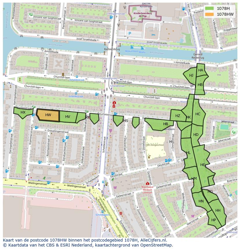 Afbeelding van het postcodegebied 1078 HW op de kaart.