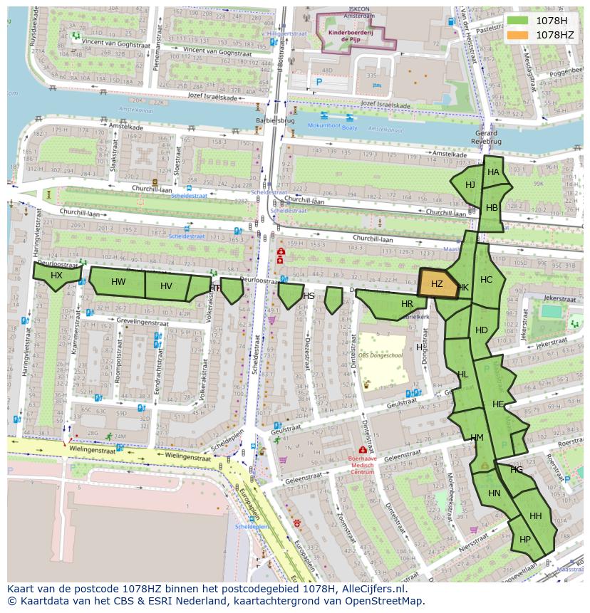 Afbeelding van het postcodegebied 1078 HZ op de kaart.
