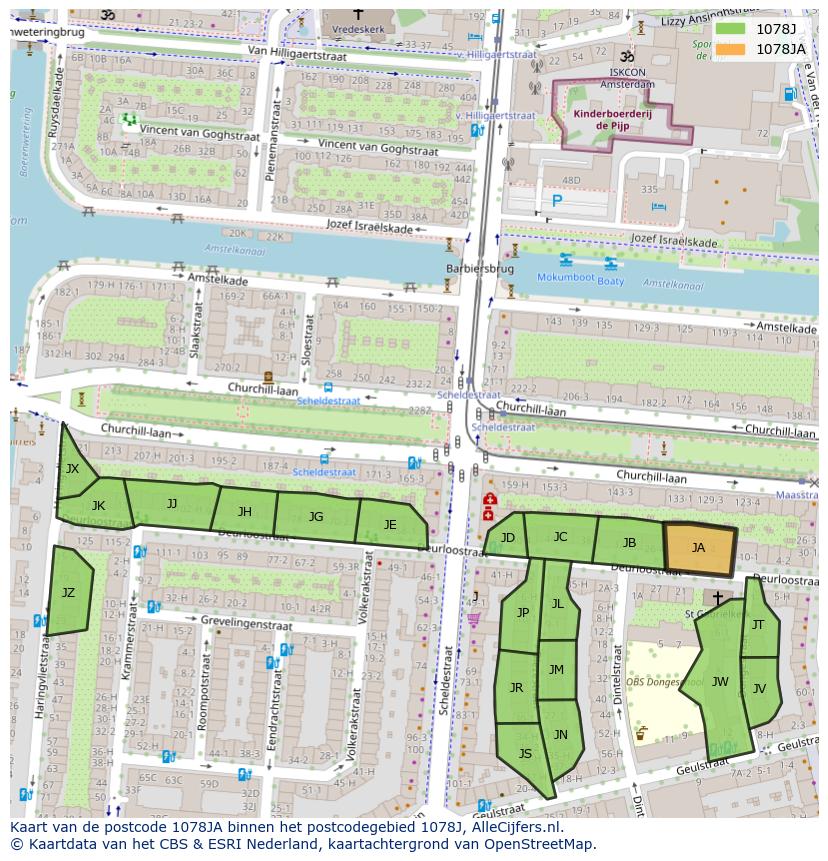 Afbeelding van het postcodegebied 1078 JA op de kaart.