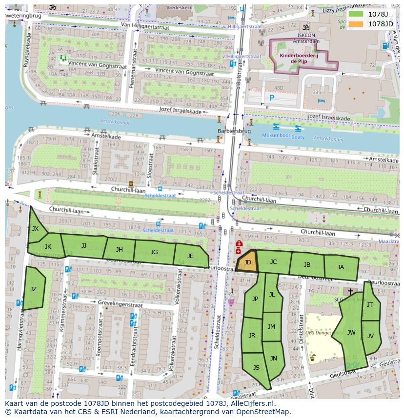 Afbeelding van het postcodegebied 1078 JD op de kaart.