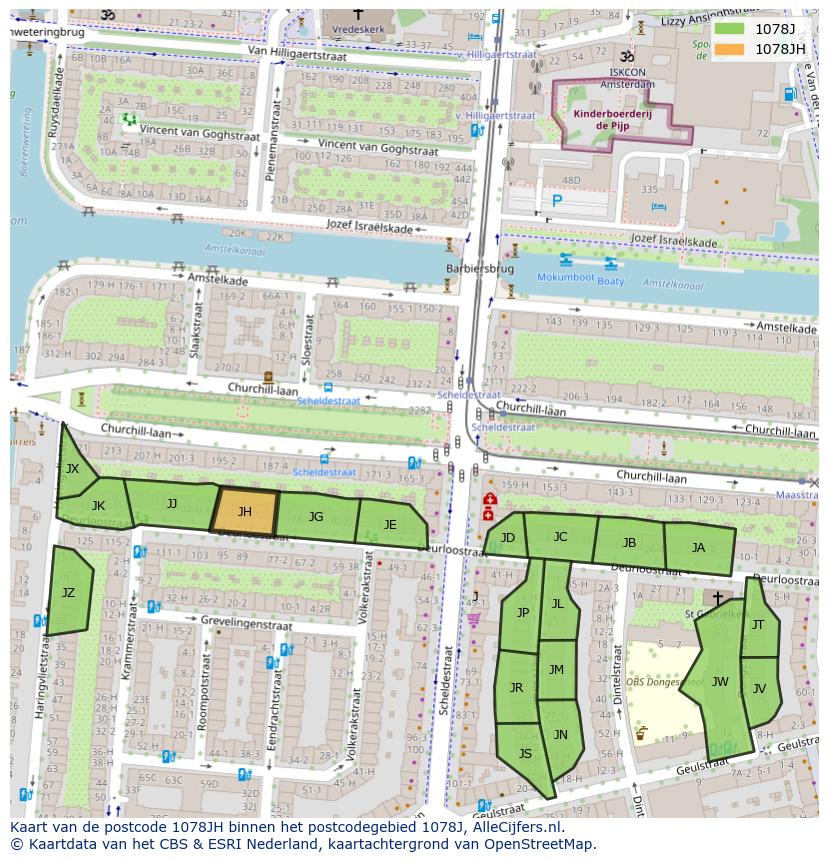 Afbeelding van het postcodegebied 1078 JH op de kaart.