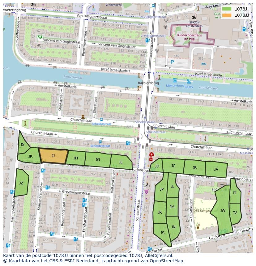 Afbeelding van het postcodegebied 1078 JJ op de kaart.