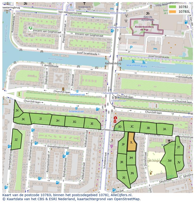 Afbeelding van het postcodegebied 1078 JL op de kaart.