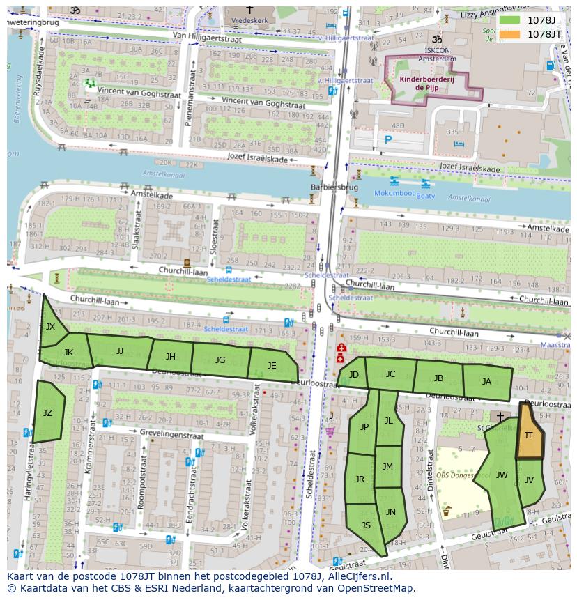 Afbeelding van het postcodegebied 1078 JT op de kaart.