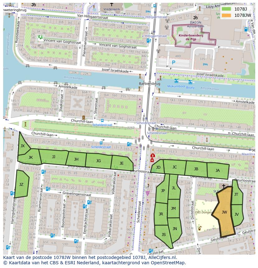 Afbeelding van het postcodegebied 1078 JW op de kaart.