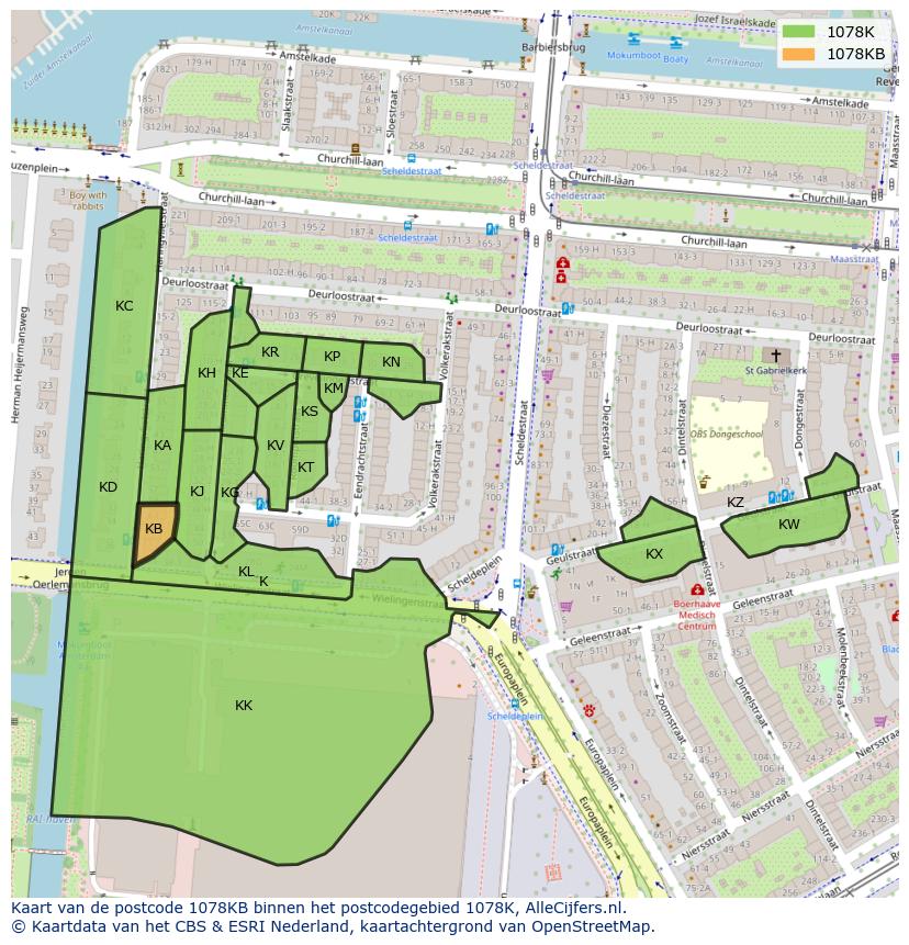 Afbeelding van het postcodegebied 1078 KB op de kaart.
