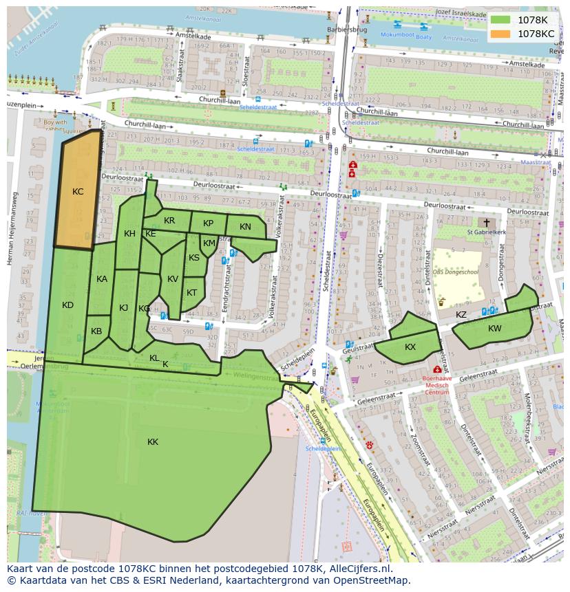 Afbeelding van het postcodegebied 1078 KC op de kaart.