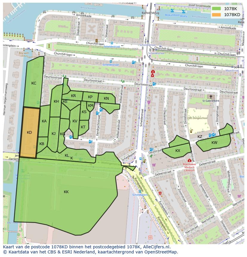 Afbeelding van het postcodegebied 1078 KD op de kaart.
