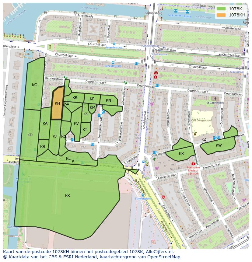 Afbeelding van het postcodegebied 1078 KH op de kaart.