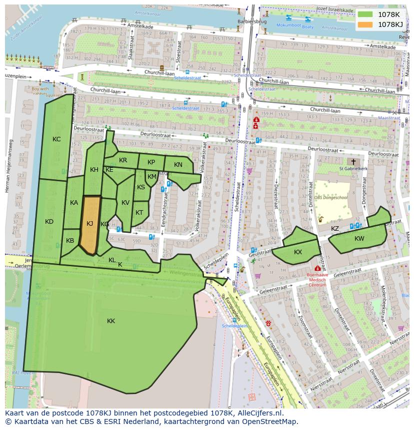 Afbeelding van het postcodegebied 1078 KJ op de kaart.