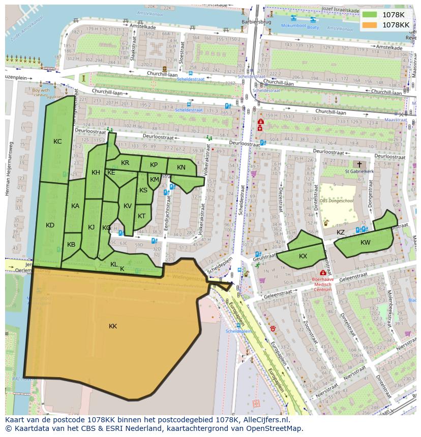 Afbeelding van het postcodegebied 1078 KK op de kaart.