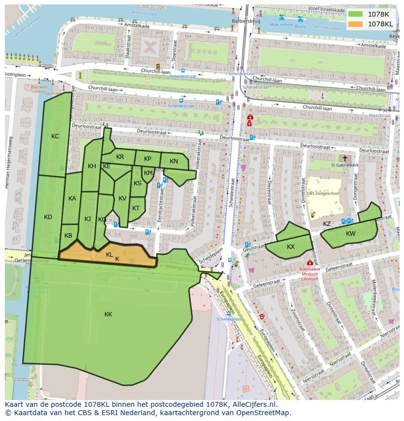 Afbeelding van het postcodegebied 1078 KL op de kaart.