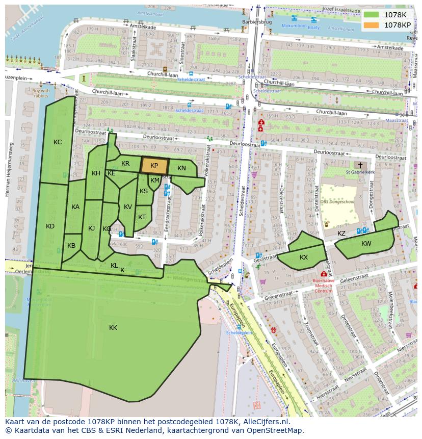 Afbeelding van het postcodegebied 1078 KP op de kaart.