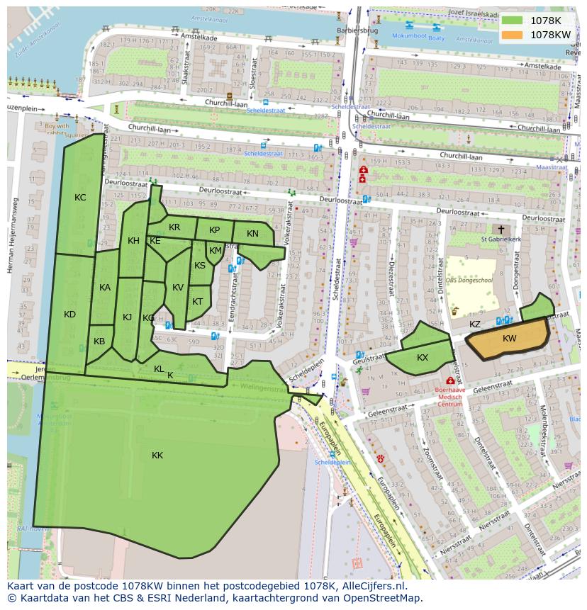 Afbeelding van het postcodegebied 1078 KW op de kaart.