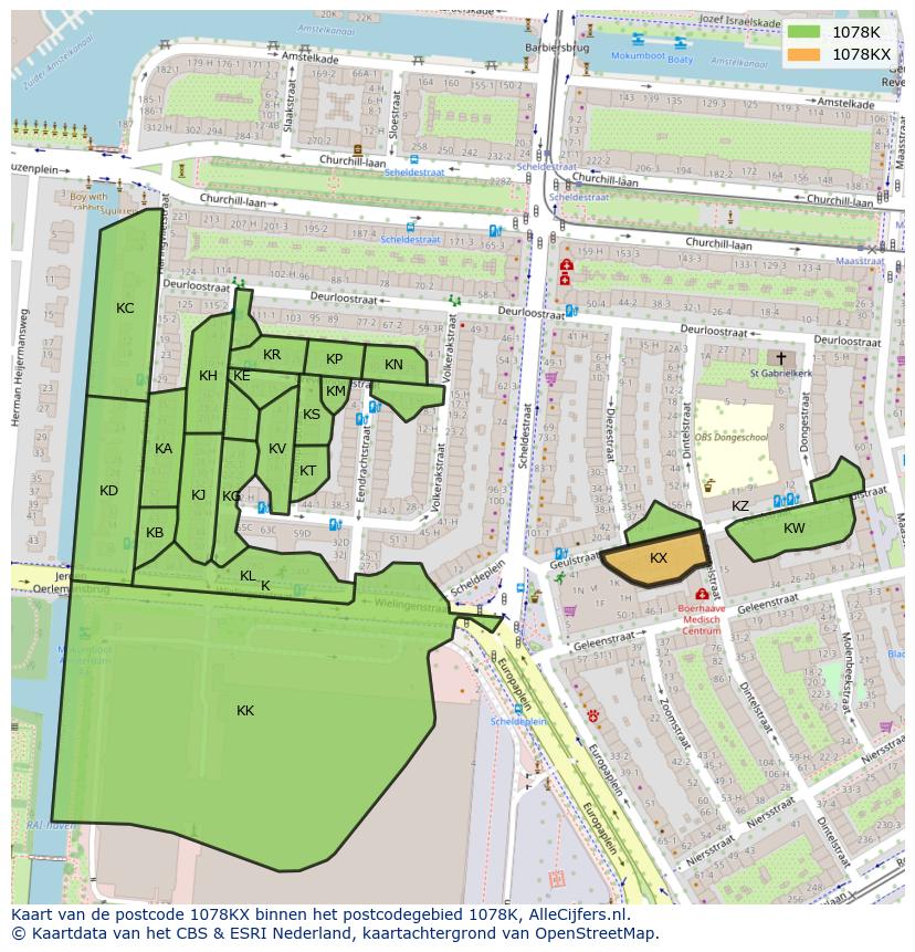 Afbeelding van het postcodegebied 1078 KX op de kaart.