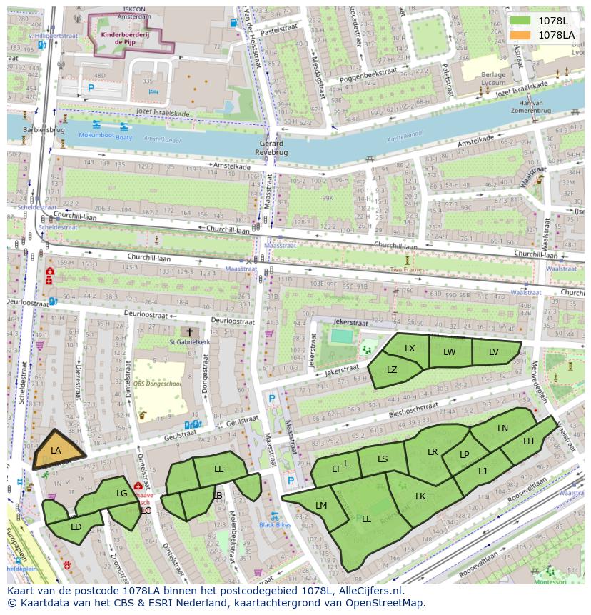 Afbeelding van het postcodegebied 1078 LA op de kaart.