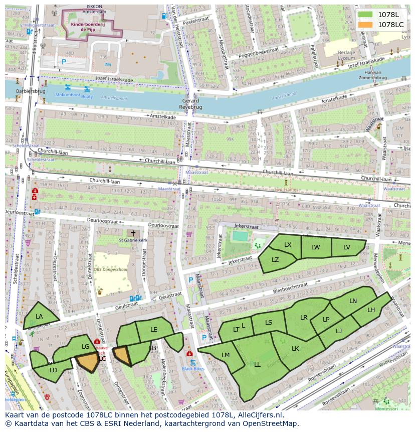 Afbeelding van het postcodegebied 1078 LC op de kaart.