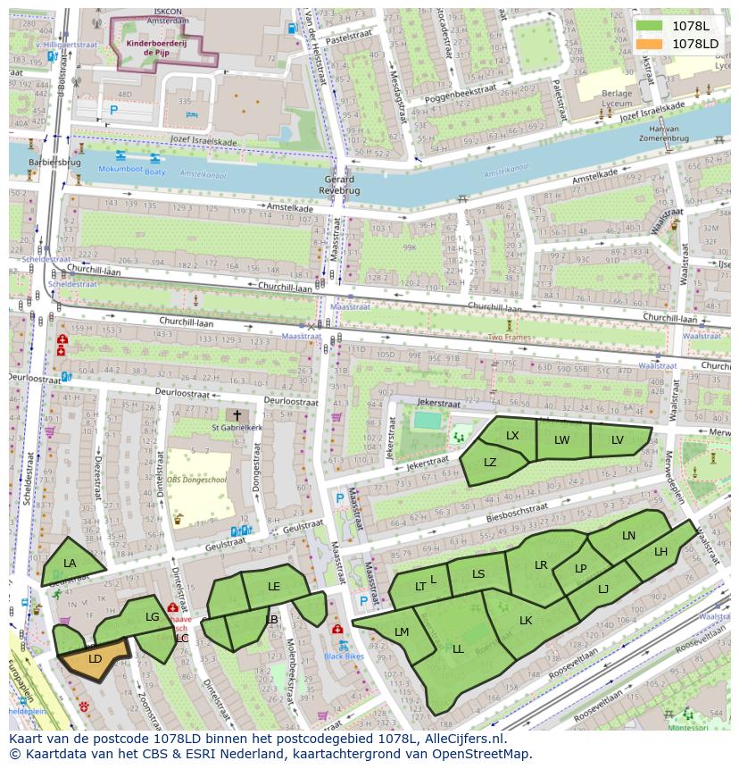 Afbeelding van het postcodegebied 1078 LD op de kaart.