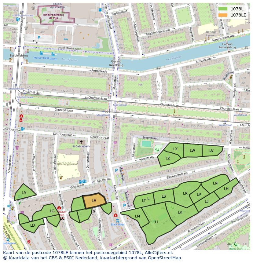 Afbeelding van het postcodegebied 1078 LE op de kaart.