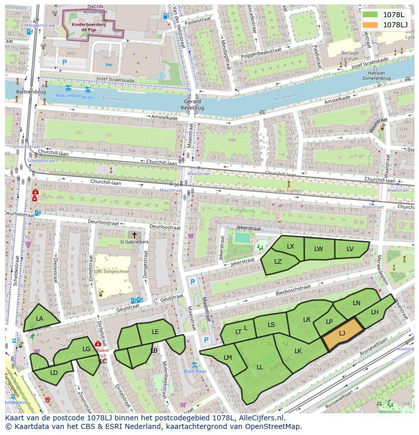 Afbeelding van het postcodegebied 1078 LJ op de kaart.
