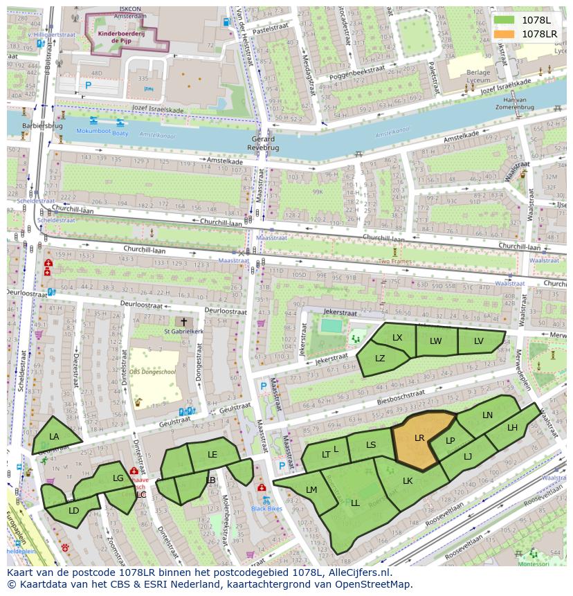 Afbeelding van het postcodegebied 1078 LR op de kaart.