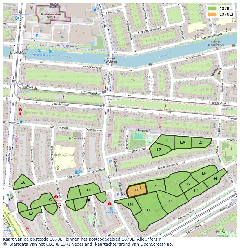 Afbeelding van het postcodegebied 1078 LT op de kaart.