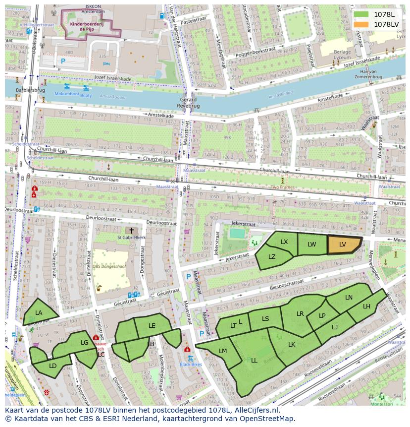 Afbeelding van het postcodegebied 1078 LV op de kaart.