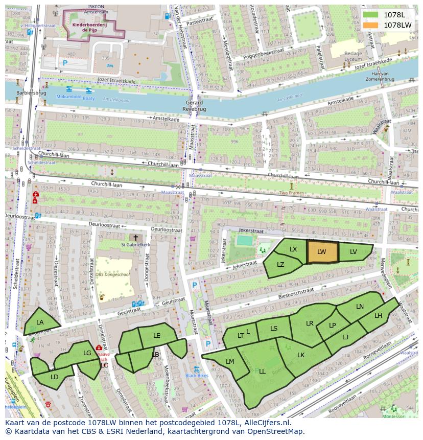 Afbeelding van het postcodegebied 1078 LW op de kaart.