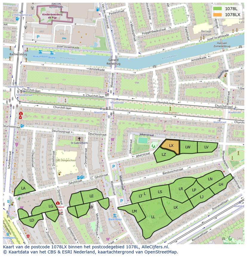 Afbeelding van het postcodegebied 1078 LX op de kaart.