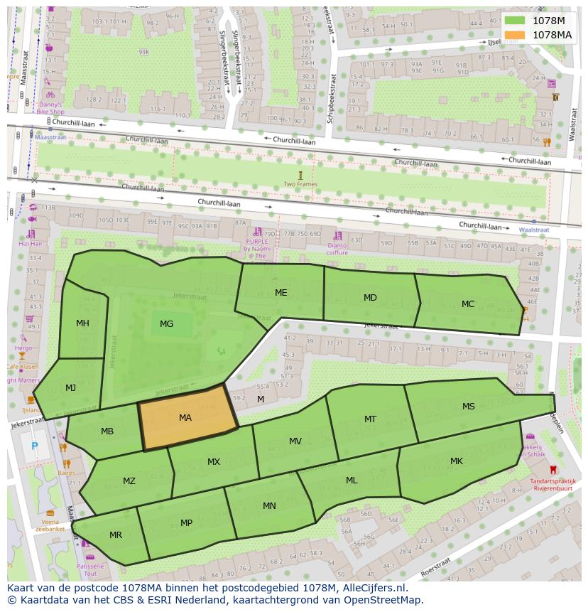 Afbeelding van het postcodegebied 1078 MA op de kaart.