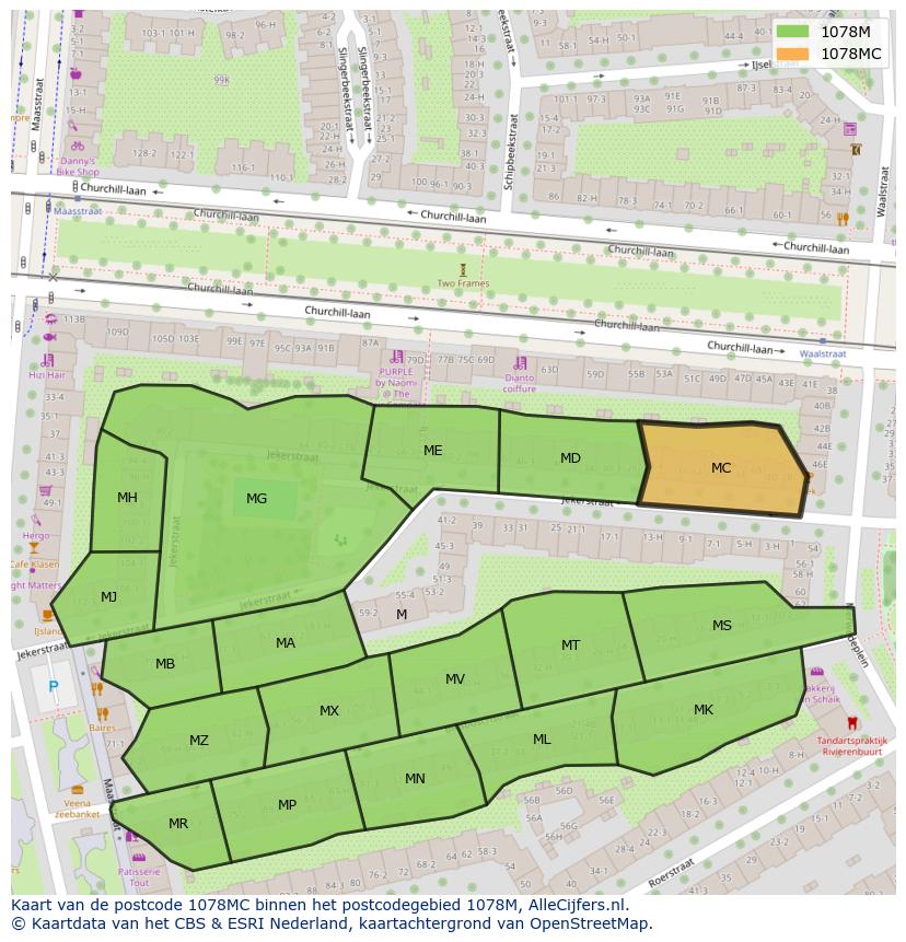 Afbeelding van het postcodegebied 1078 MC op de kaart.