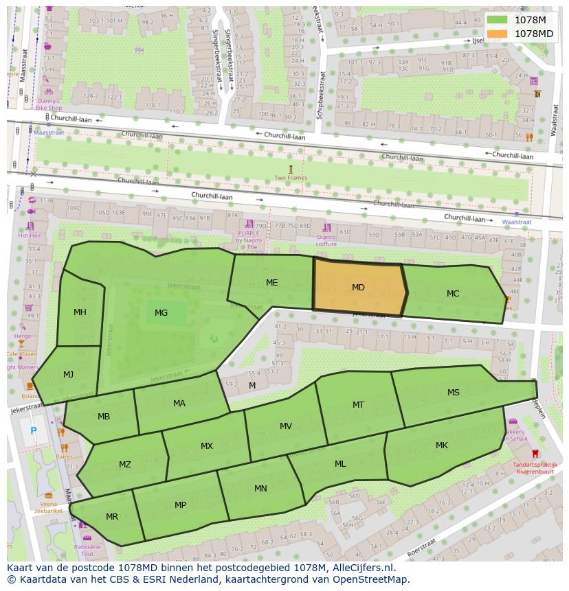 Afbeelding van het postcodegebied 1078 MD op de kaart.