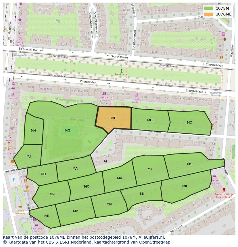 Afbeelding van het postcodegebied 1078 ME op de kaart.