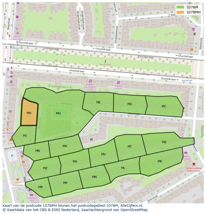 Afbeelding van het postcodegebied 1078 MH op de kaart.