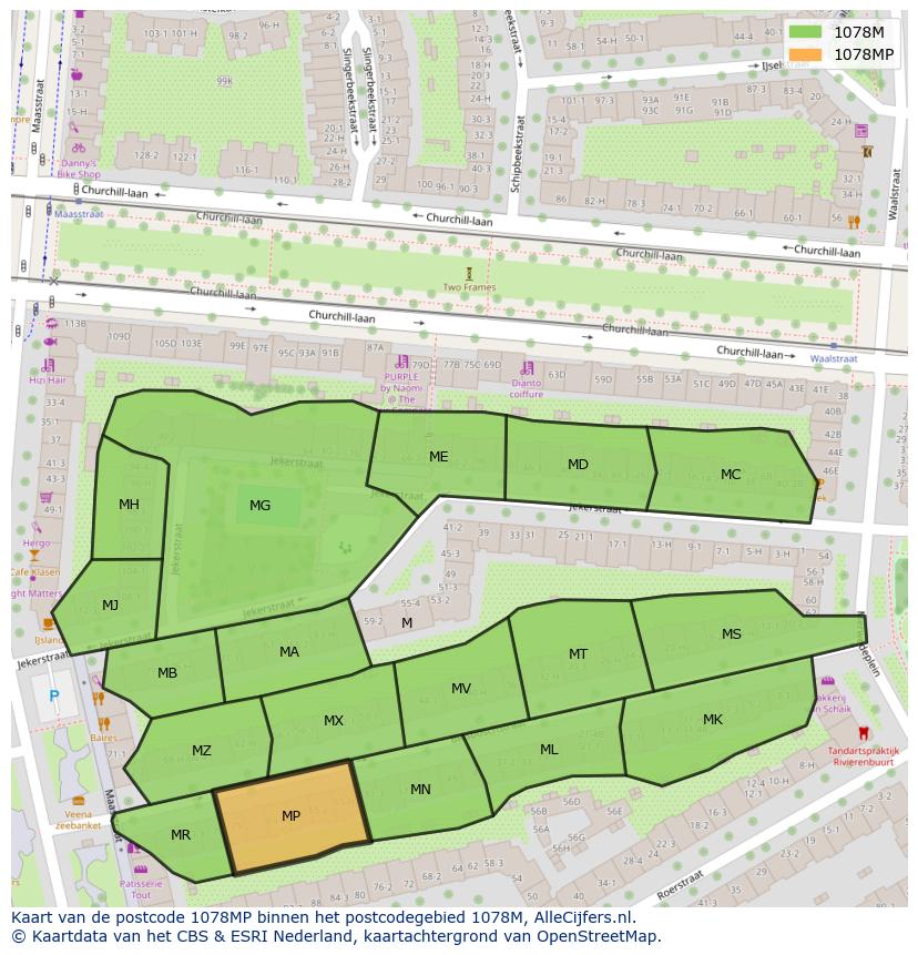 Afbeelding van het postcodegebied 1078 MP op de kaart.