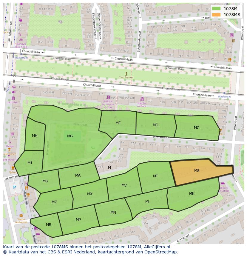 Afbeelding van het postcodegebied 1078 MS op de kaart.