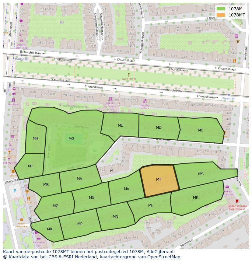Afbeelding van het postcodegebied 1078 MT op de kaart.