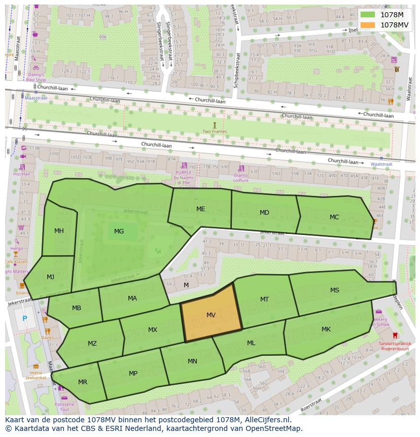 Afbeelding van het postcodegebied 1078 MV op de kaart.