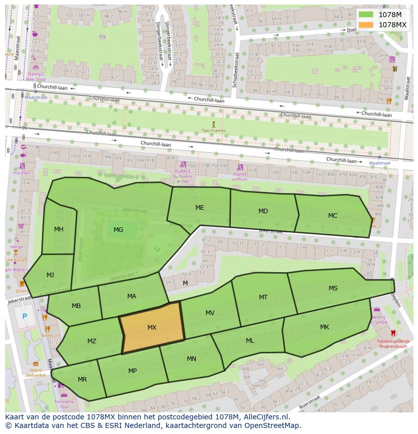 Afbeelding van het postcodegebied 1078 MX op de kaart.