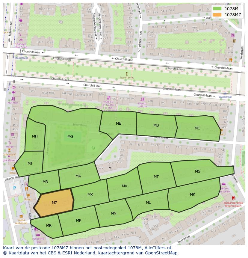 Afbeelding van het postcodegebied 1078 MZ op de kaart.
