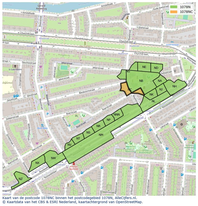Afbeelding van het postcodegebied 1078 NC op de kaart.