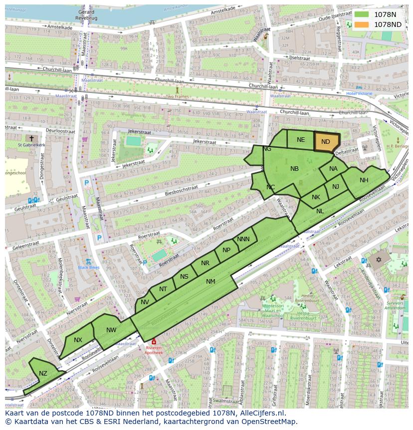 Afbeelding van het postcodegebied 1078 ND op de kaart.