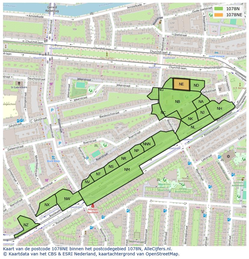 Afbeelding van het postcodegebied 1078 NE op de kaart.